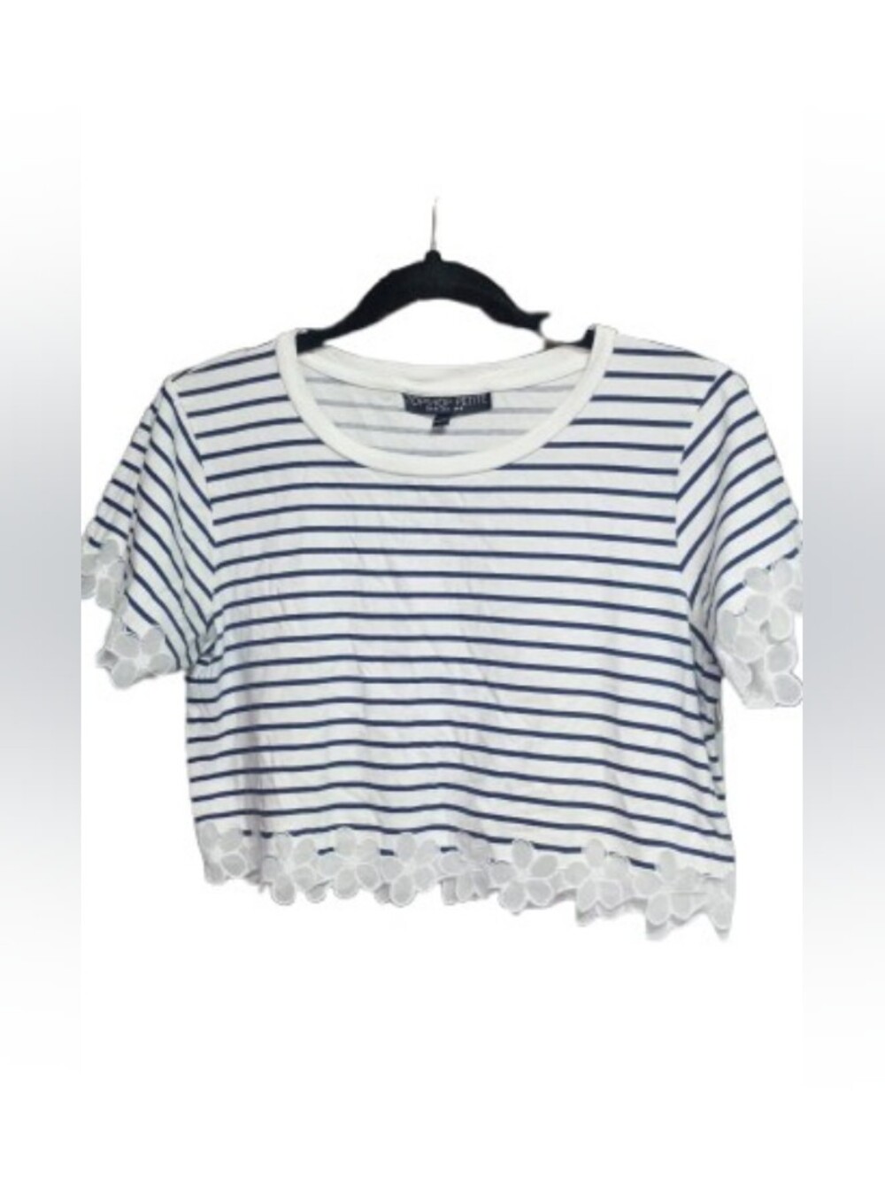Topshop Petite Navy & White Stripe Lace‑Trim Crop Tee